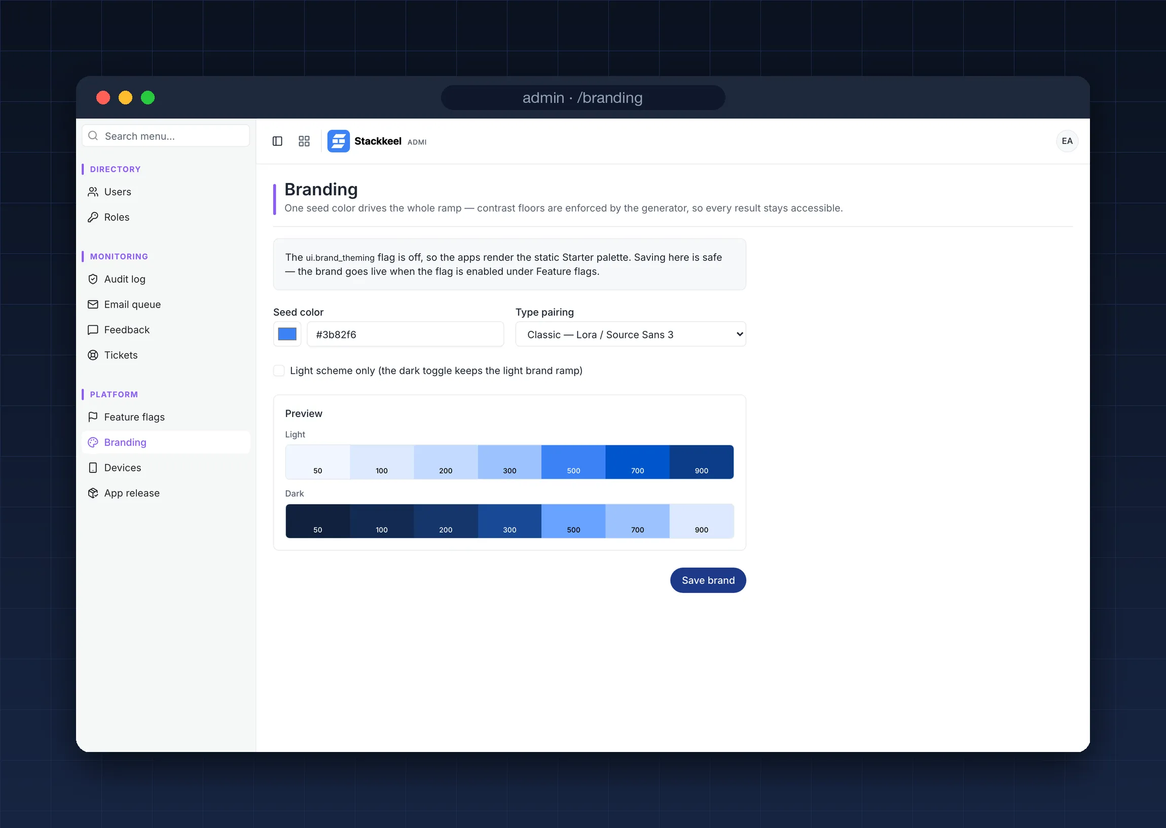 Stackkeel admin branding editor with a seed color input, type pairing selector, and generated light and dark color ramp previews