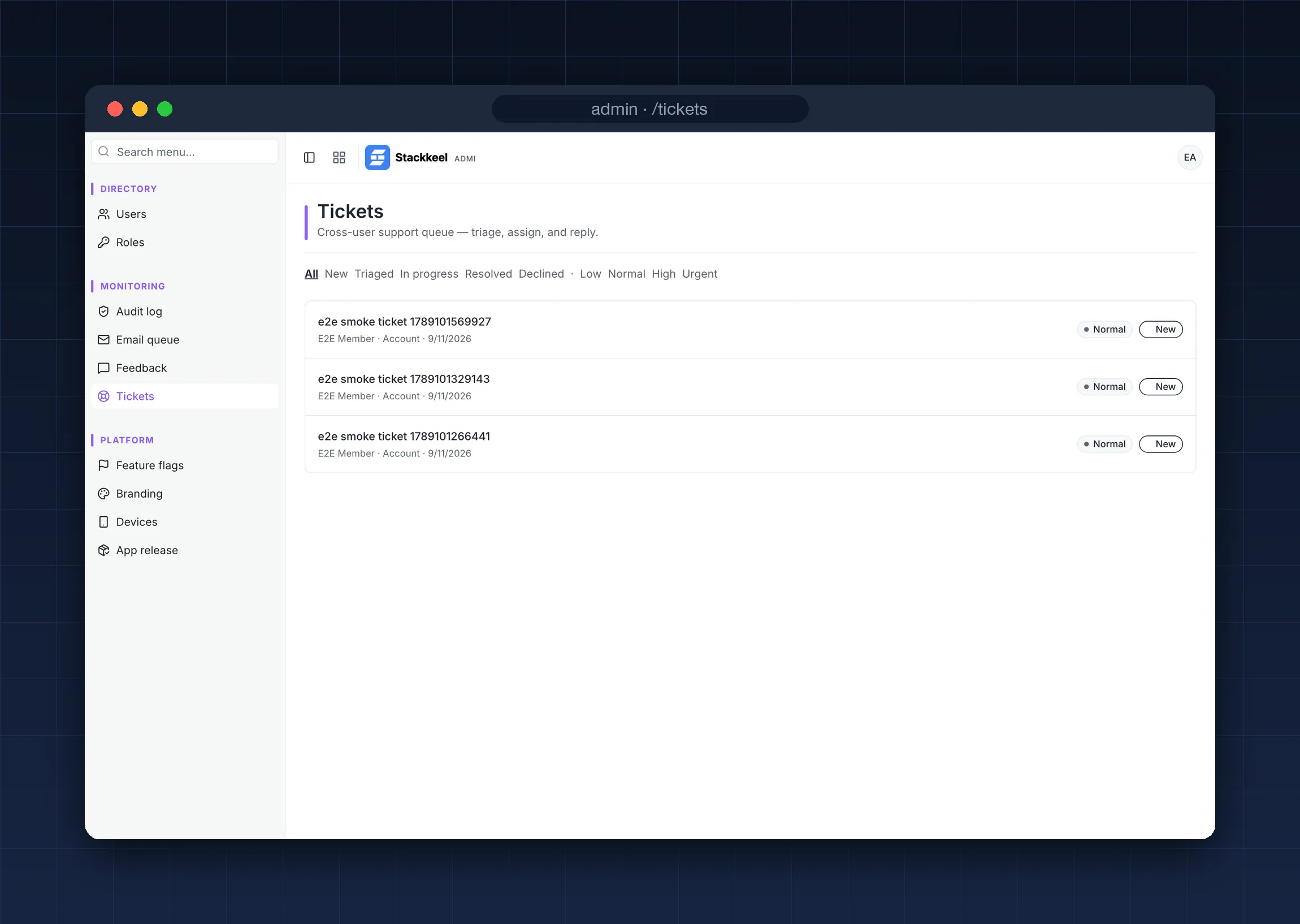 Stackkeel admin helpdesk triage queue showing a filed support ticket with status, priority, and area filters