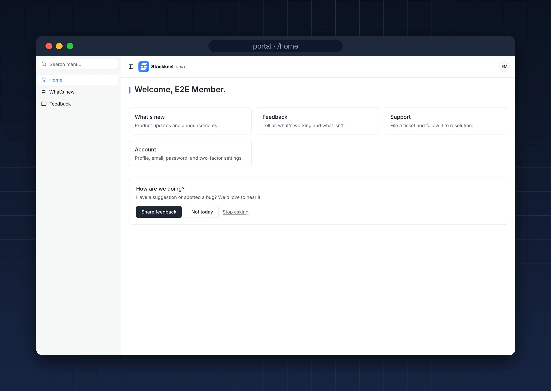 Stackkeel member portal home page with navigation sidebar, feature tiles for What's new, Feedback, Support, and Account, and a feedback prompt card