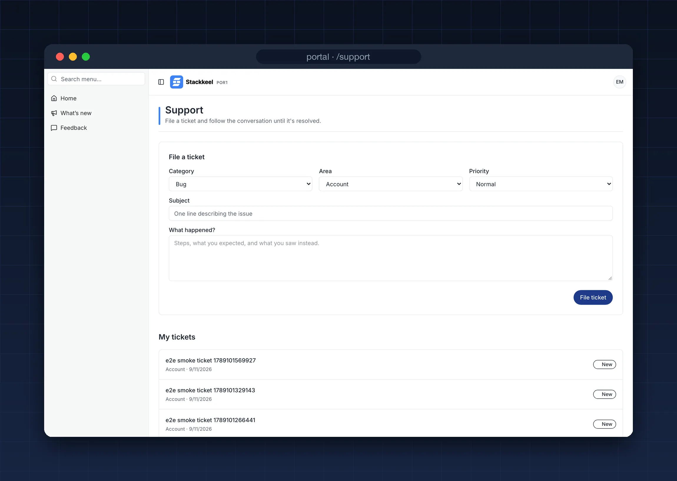 Stackkeel portal support page where a member files a ticket with category and priority and sees their existing tickets